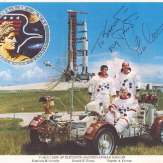 Astronaut Eugene Cernan – 8" x 10" Signed & dedicated Apollo 17 Moon Buggy and Launch Tower Photo with COA
