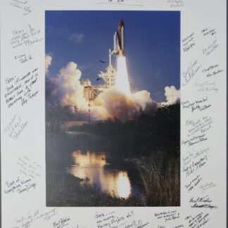 Space Shuttle Launch signed by 30 NASA team members – 14"x9.5" retirement photo mounted on 20"x16" display board