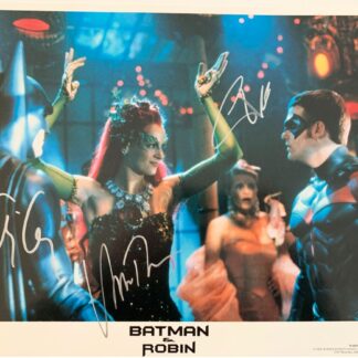 Batman & Robin – triple signed by George Clooney, Uma Thurman, and Chris O'Donnell – 11" x 14" lobby card with COA (GFA Authenticated)
