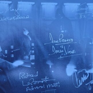 Star Wars multi signed by Carrie Fisher (Princess Leia) , Peter Mayhew (Chewbacca), Kenny Baker (R2-D2), Dave Prowse (Darth Vader) and Richard LeParmentier (admiral Motti) - 10" x 8" autographed photo with PSA COA