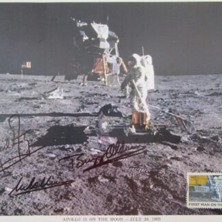 Apollo 11 Crew – Triple-Signed 8" x 10" Lithograph of "First Man on the Moon" – Signed by Neil Armstrong, Buzz Aldrin, and Michael Collins with COA