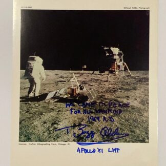 Buzz Aldrin on the Moon – signed 10"x8" litho with lunar lander and equipment with COA