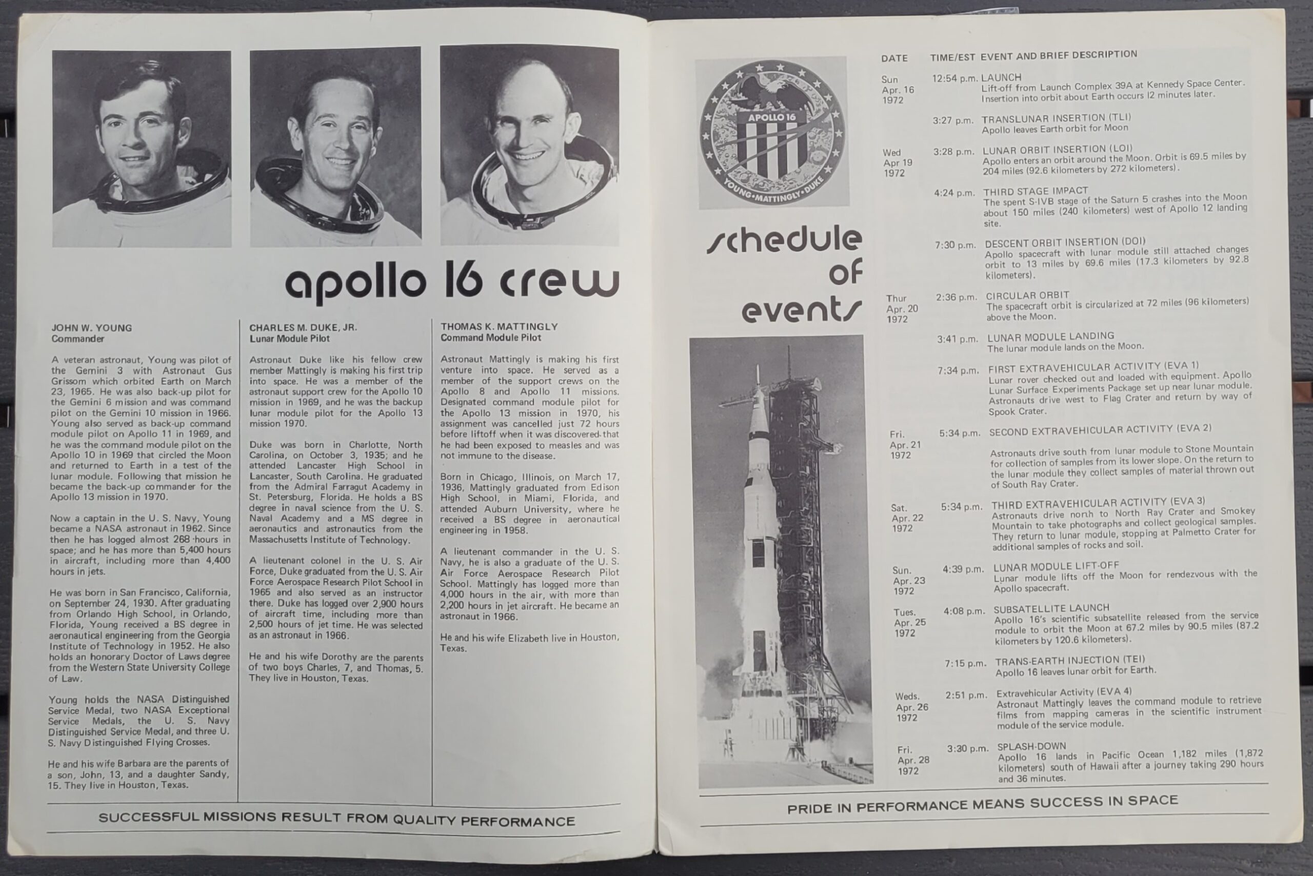 Apollo 16 Press Kit - Triple signed by Ken Mattingly, John Young, and Charlie Duke - historic NASA collectible