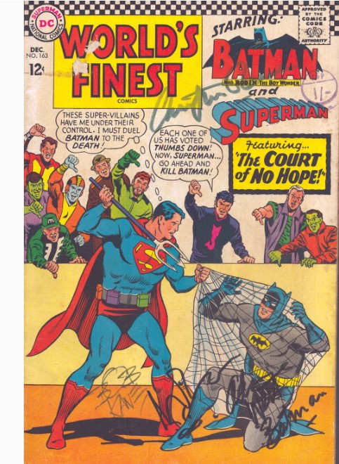 Christopher Reeve, Bob Kane, Adam West and another - signed World's Finest Comics front cover – COA
